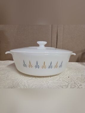 MCM Fire King Opal Milk Glass Casserole Dish And Lid Mid Century